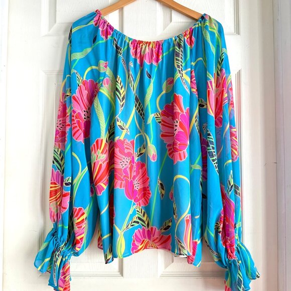 size L-XL TRINA TURK poppy blue floral puff sleeve sheer blouse wide stretch nec - Picture 1 of 7